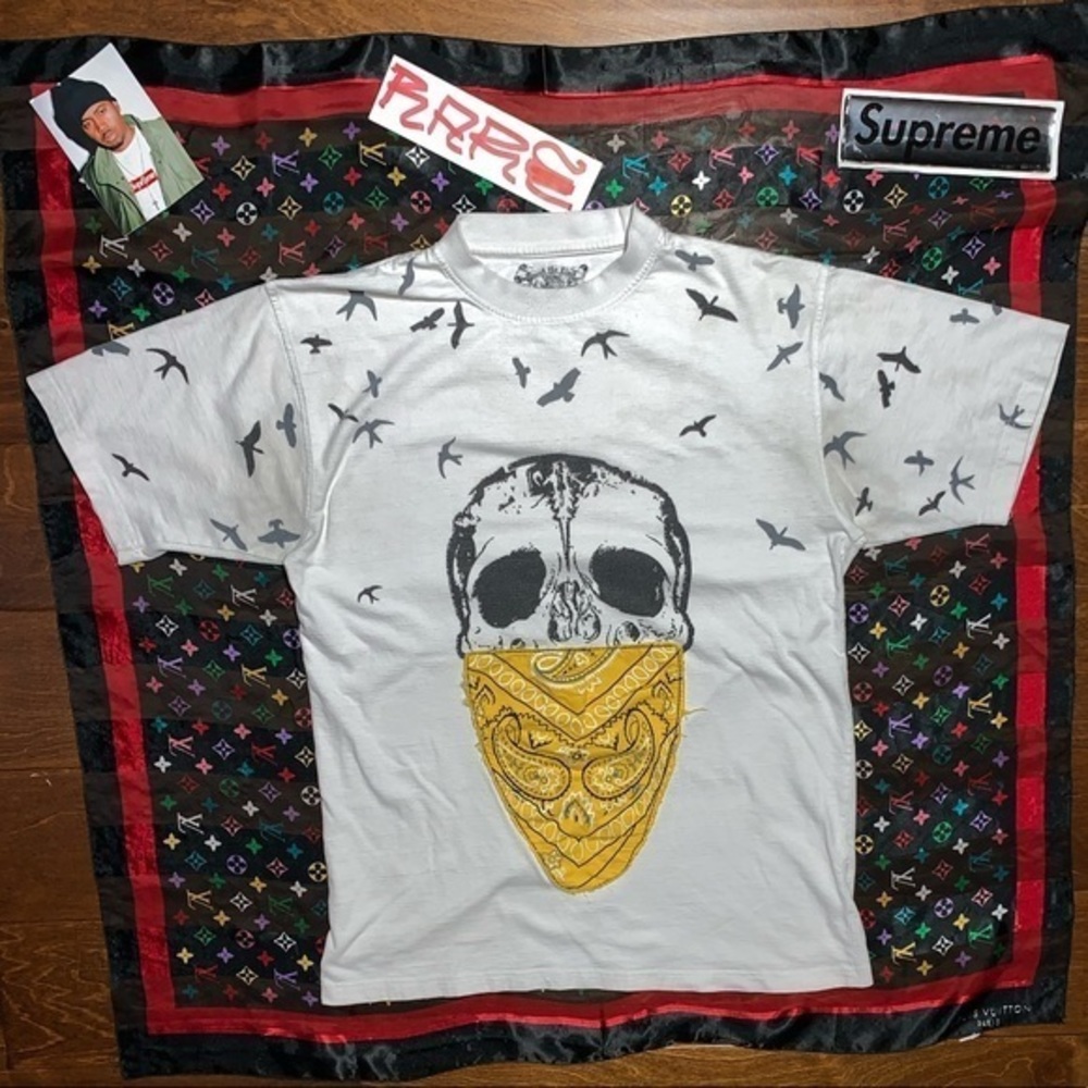 Vintage White Short Sleeve Tee with Black Skull and Yellow Bandana Graphic
